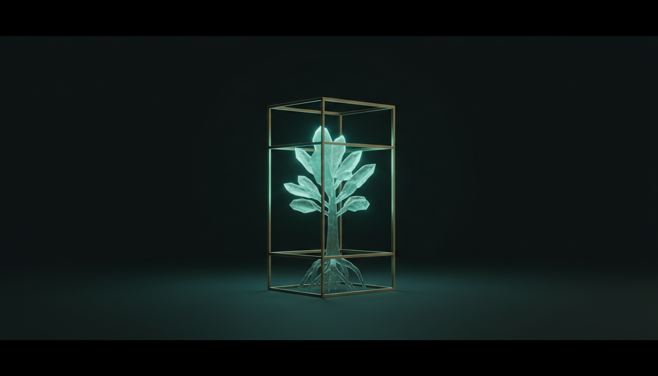A young sapling of translucent glass inside a sparse scaffold of thin brass rods, lit from one side, its roots half in shadow