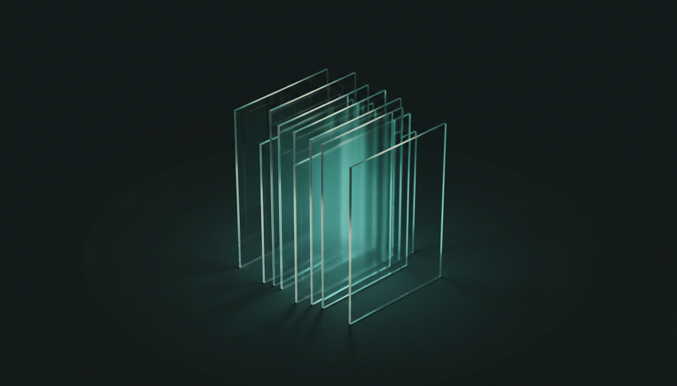 Parallel translucent glass panes casting overlapping shadows, with thin unlit gaps between them where the light never quite reaches