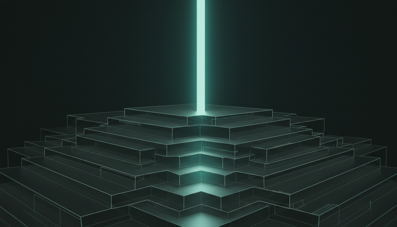 A single narrow shaft of light cutting straight down through stacked translucent mineral strata, reaching the deepest layer without spreading wide