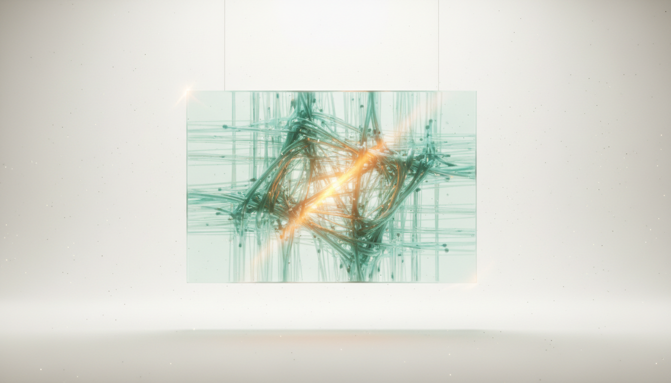 A smooth frosted-glass panel suspended before a dense lattice of glowing threads, a single beam of light exposing where their lines fail to align