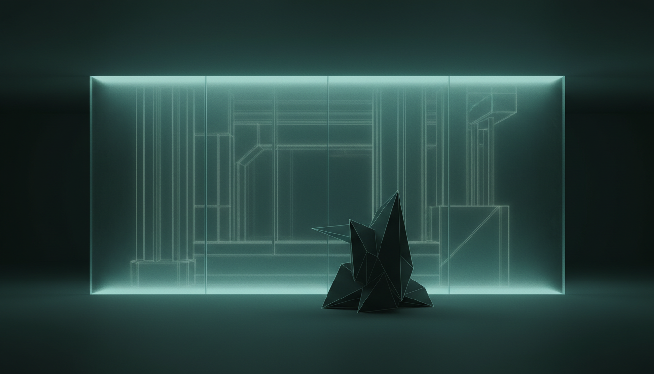A translucent frosted glass wall with soft light behind it, revealing faint outlines of interior architecture but not the rooms within