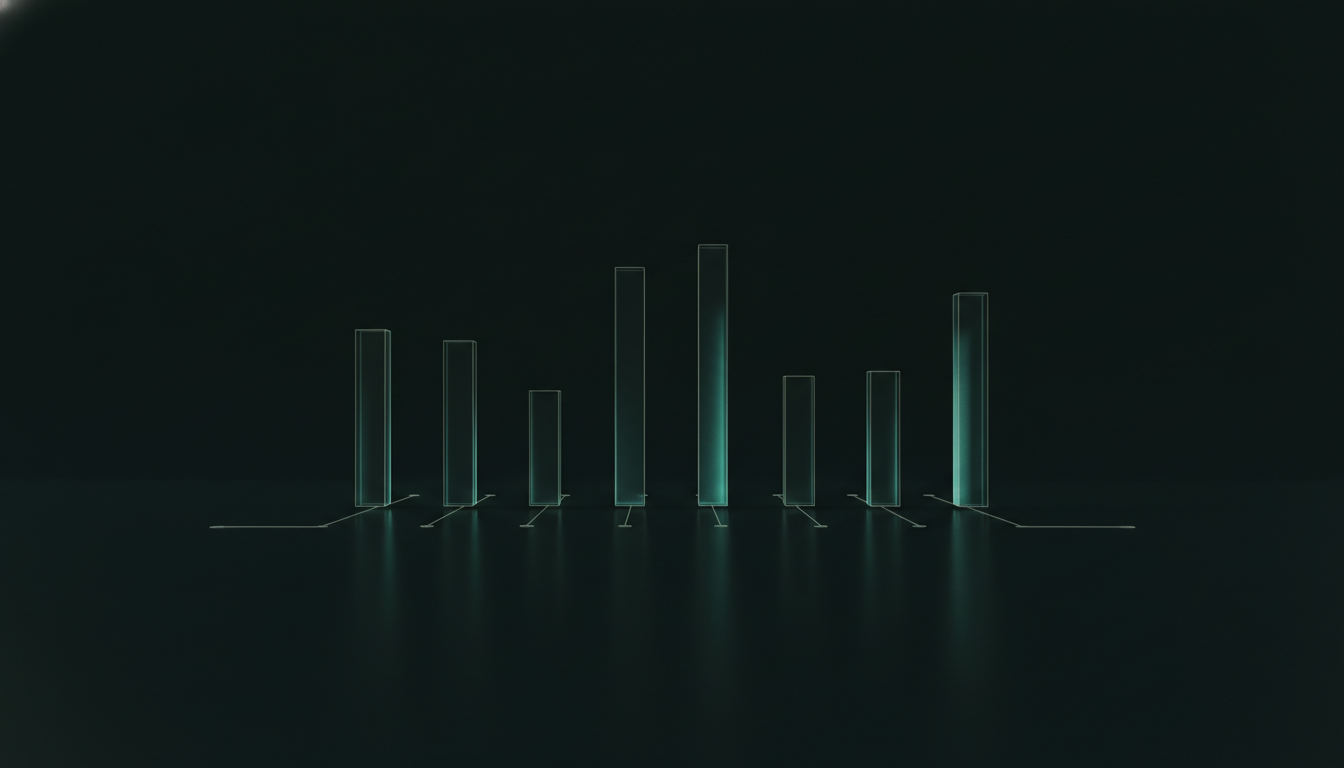 Several translucent columns of different heights standing in a row, each lit on a different face