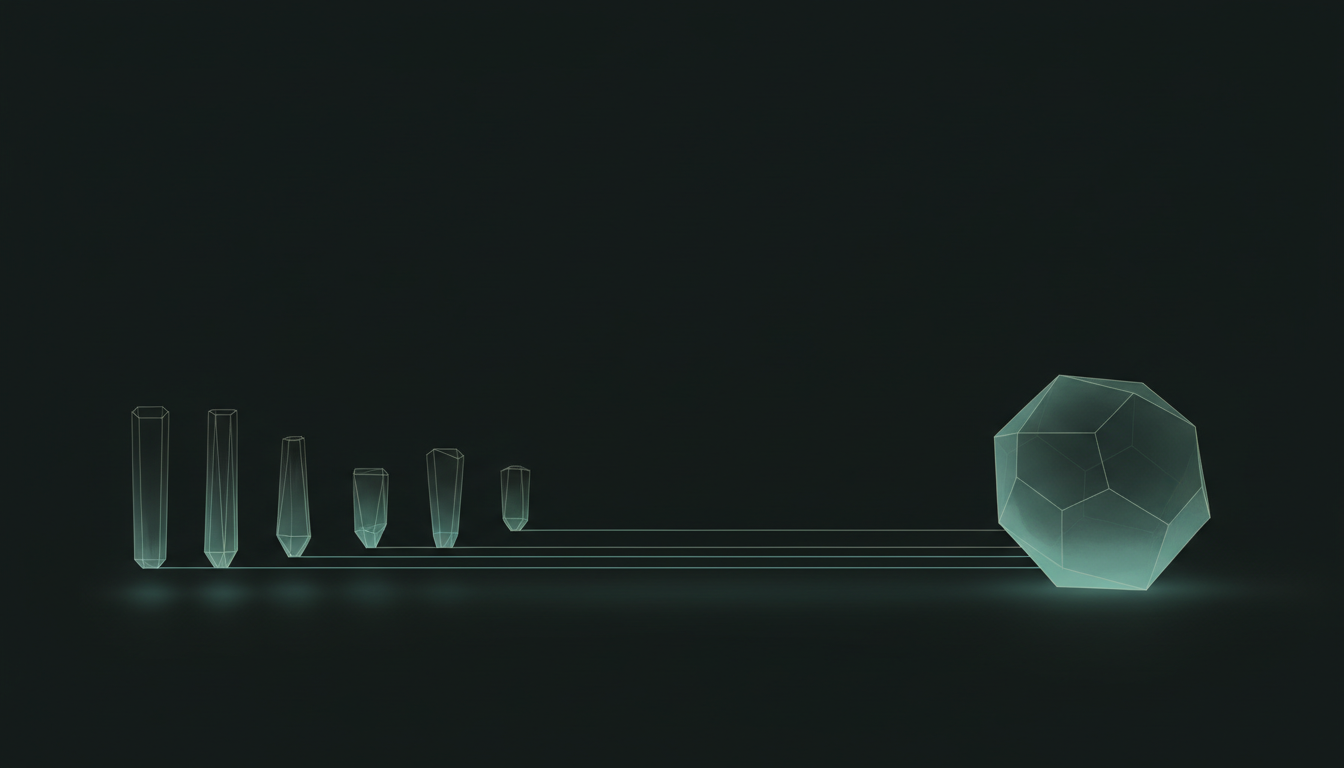 Six translucent vessels of different heights on a dark plane, with fine teal lines running level from them into one large faceted volume