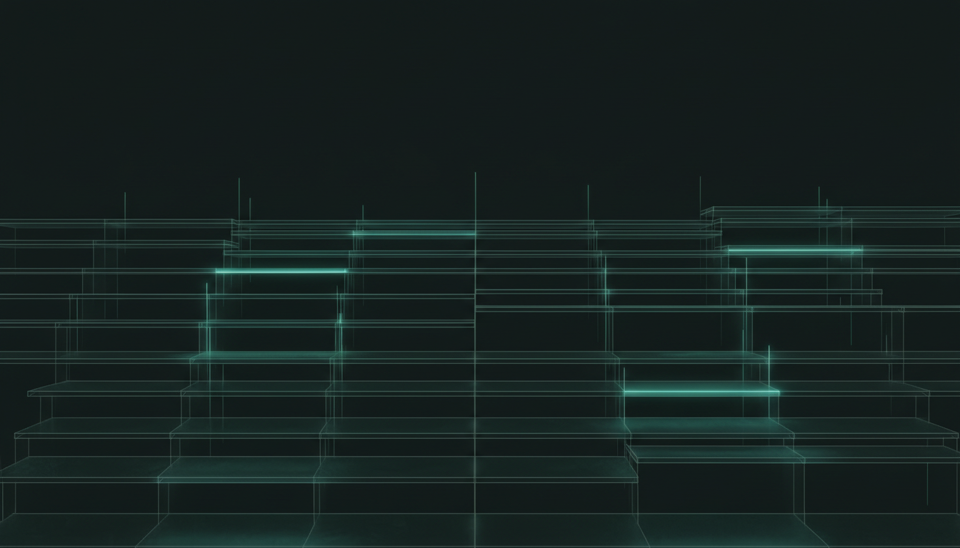 Tiers of thin glass planes drawn in fine lines on a dark ground, only a few of them lit