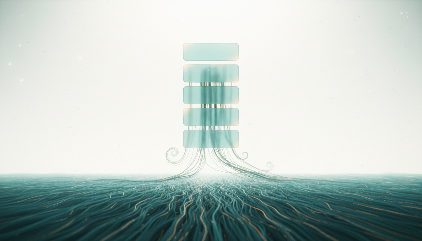 A column of translucent cards above a dense field of threads, only a few of them reaching the cards