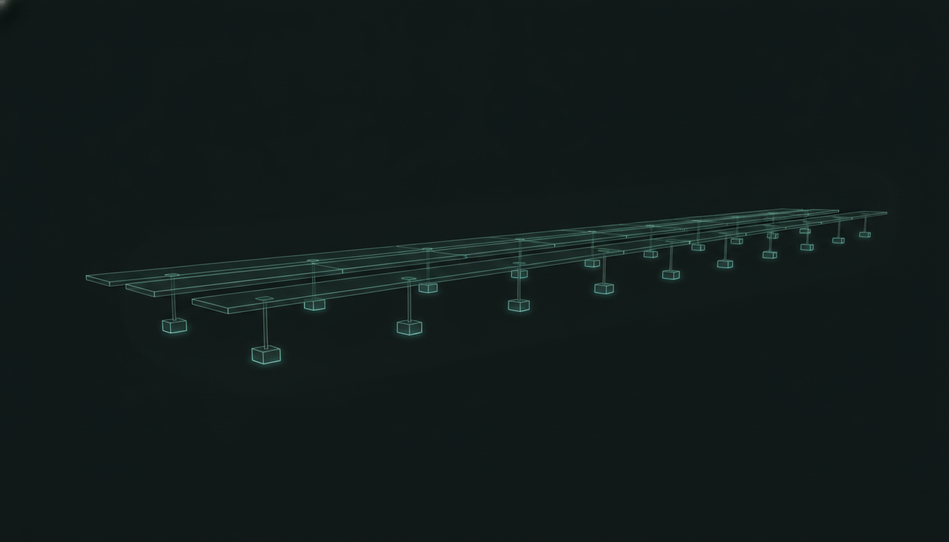 Thin glass planks laid end to end over a dark field, each resting on a fine pier that lands on a small lit block