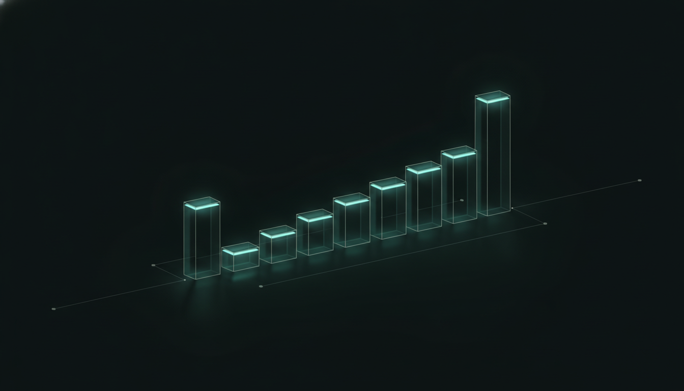A row of translucent glass blocks stepping down from a tall block and rising again to a taller one across a dark field, each lit teal along its top edge